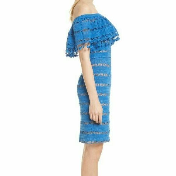 TRACY REESE off the shoulder pom pom bodycon lace dress Aegean blue Size 2 NEW - Picture 3 of 8